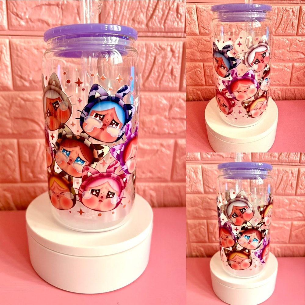 Cute Character Glass Tumbler with Straw - Purple Cry baby Wild but cutie
